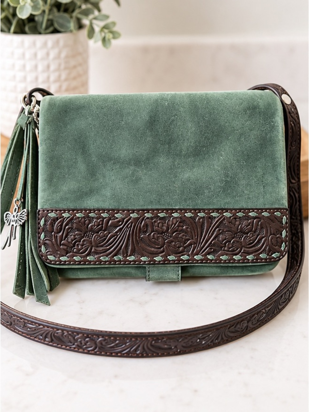 Green Suede Crossbody with Tooled Brown Leather Accent